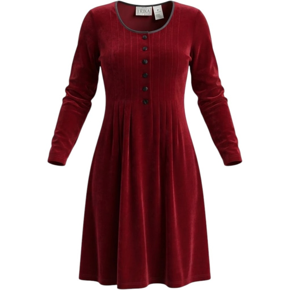 Erika Studio Petites Red Velvet Pleated Midi Dress Long Sleeve PM